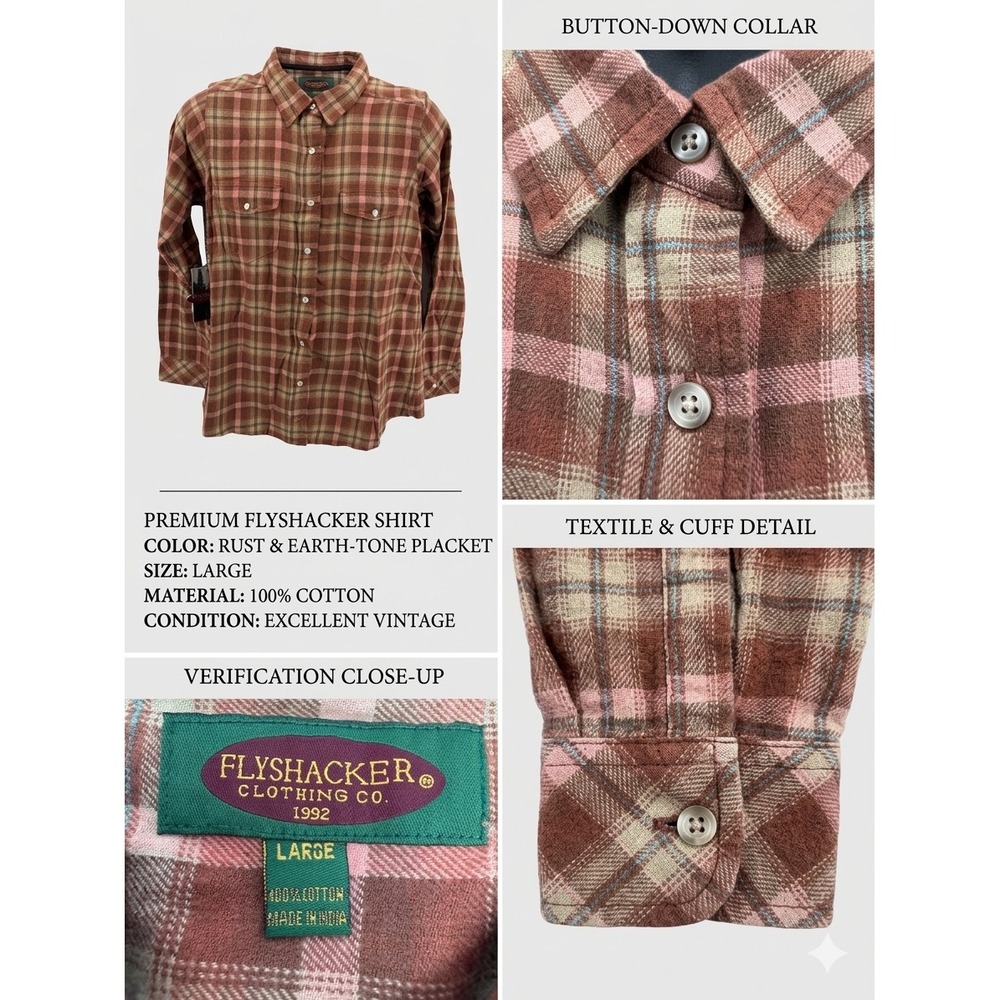Vintage Flyshacker Flannel Shirt Mens Large Rust Earth‎ Tone Plaid 100% Cotton